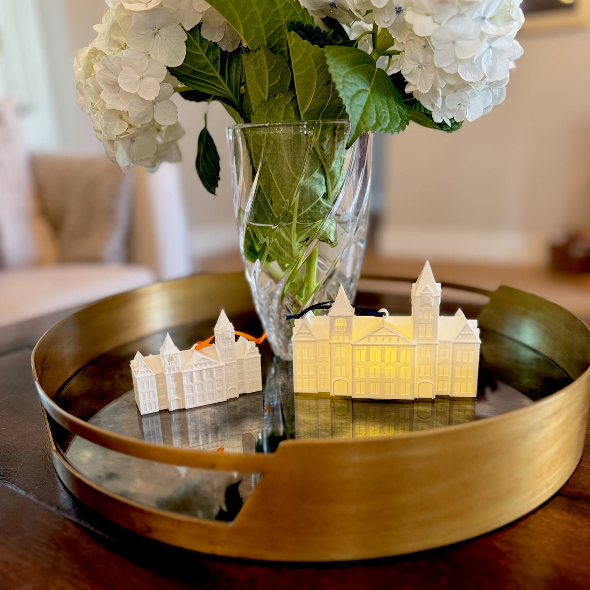 Close-up of detailed Samford Hall architectural features on a 3D printed Auburn ornament