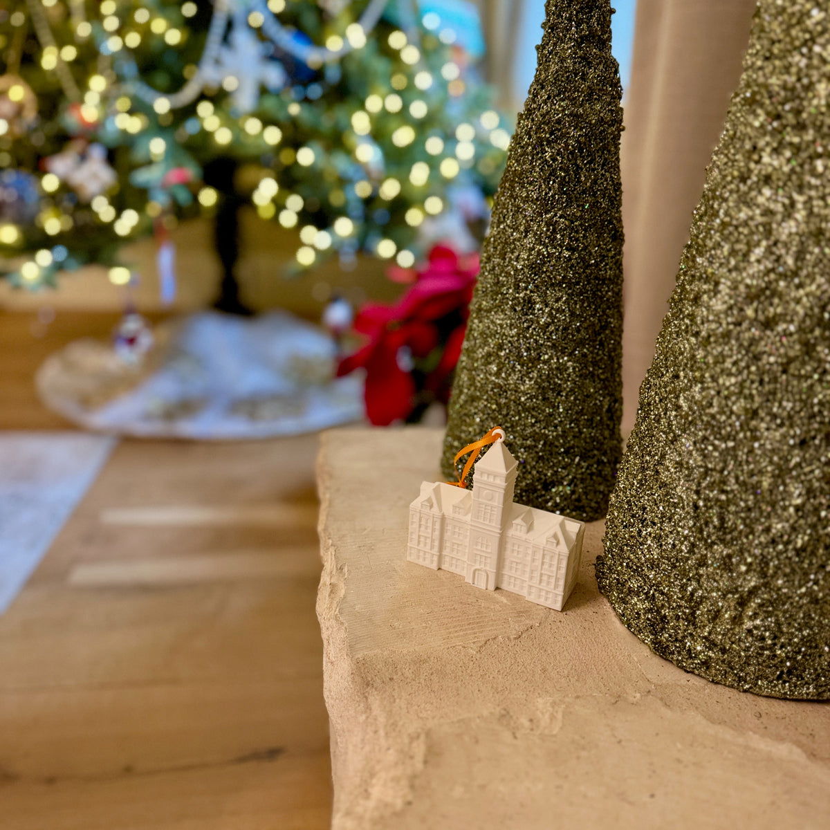The Clemson alumni ornament shown in a home decorated for the Holidays.