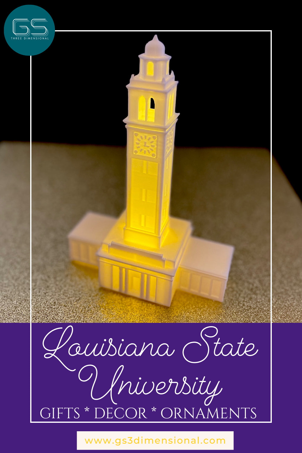 3D-printed Louisiana State University Memorial tower model with glowing yellow light on a dark background.