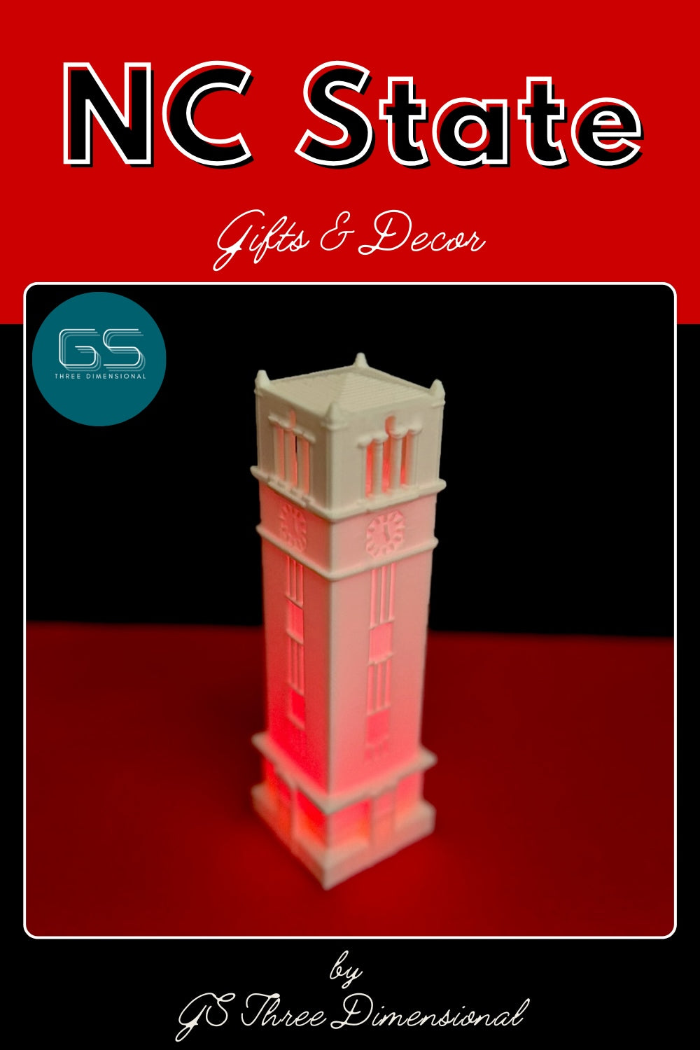 NC State bell tower figurine with a red LED light.