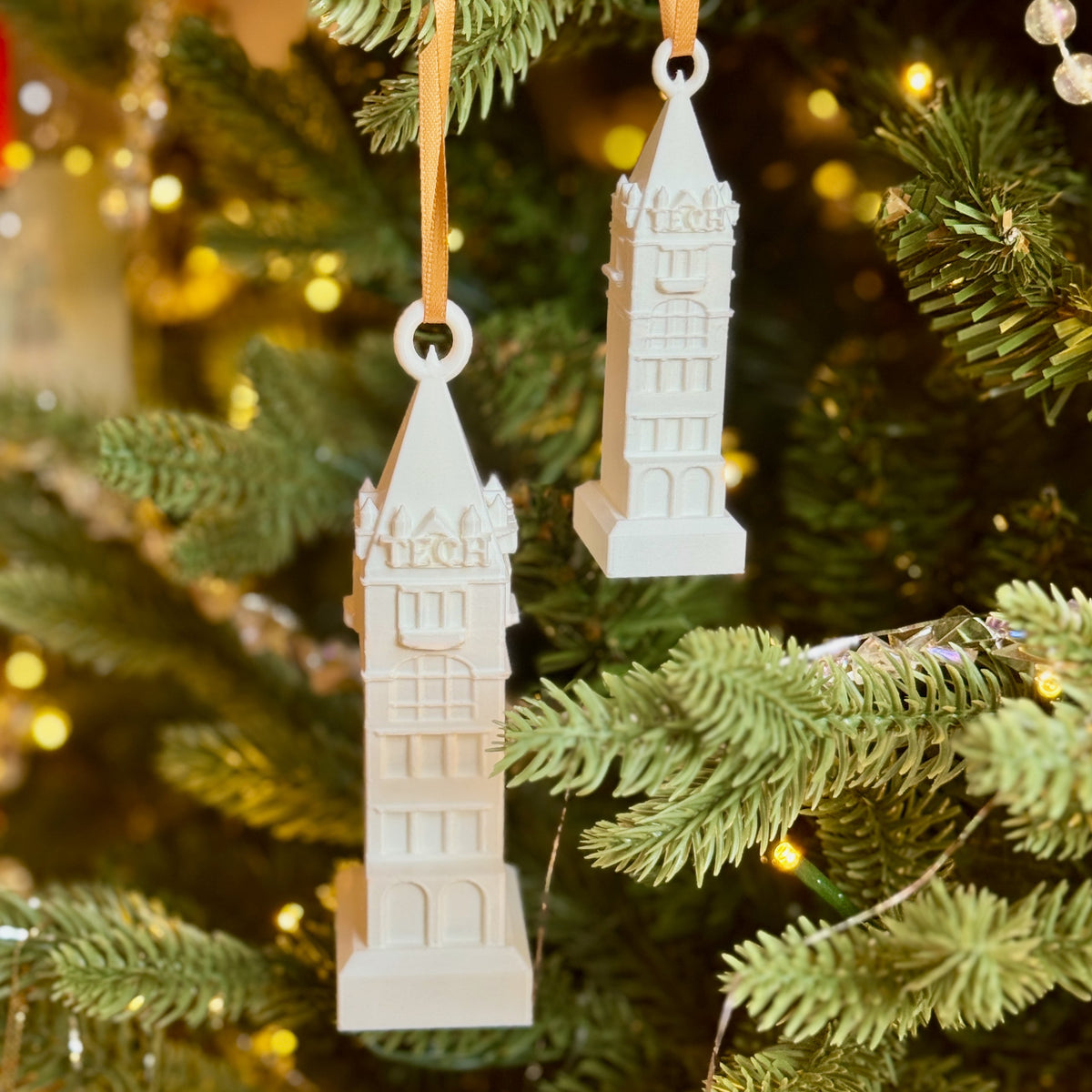 Ornaments for Georgia Tech alumni designed as the Tech Tower.