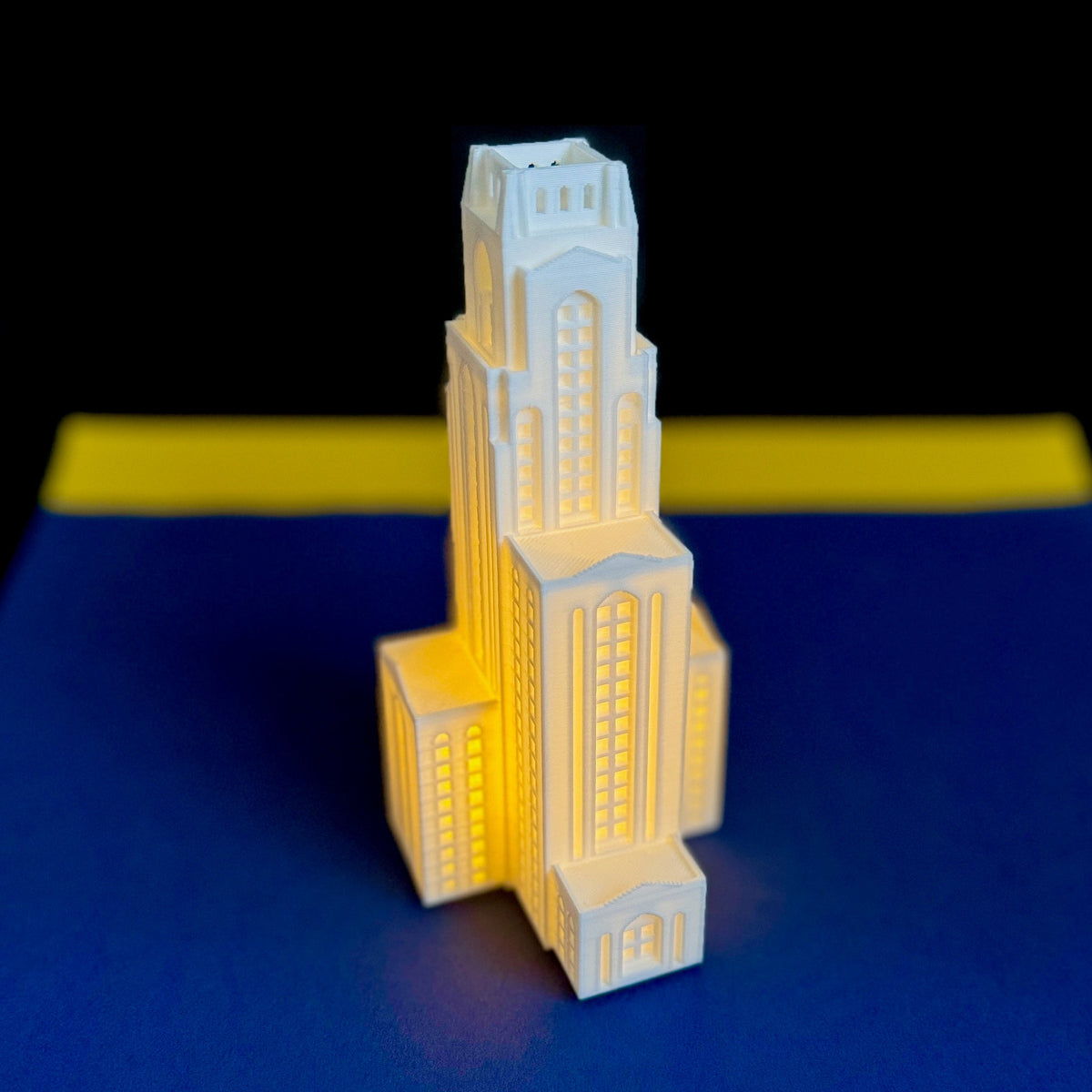 The Pitt University lighted figurine of the Pitt Cathy.
