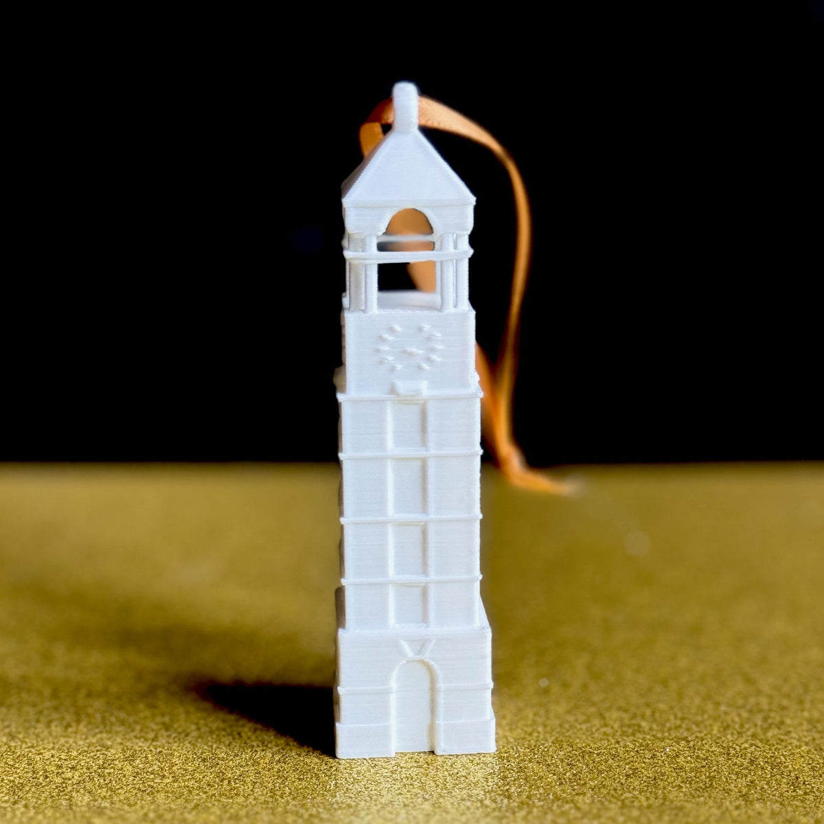 Front view of the Purdue tower ornament featuring the bell tower.