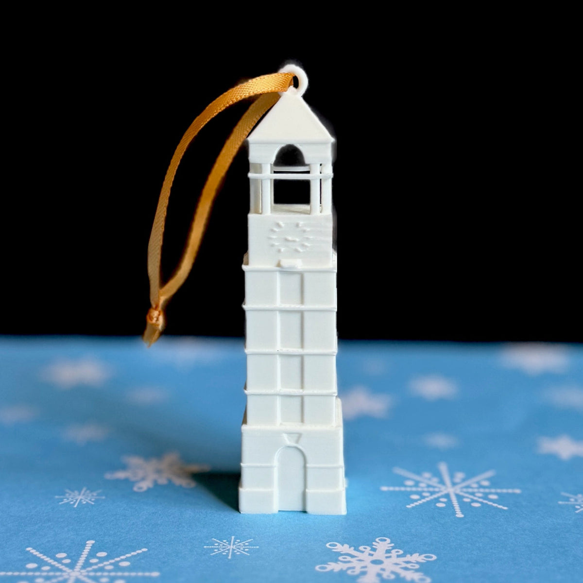 The Purdue Bell Tower ornament, shown in detail.