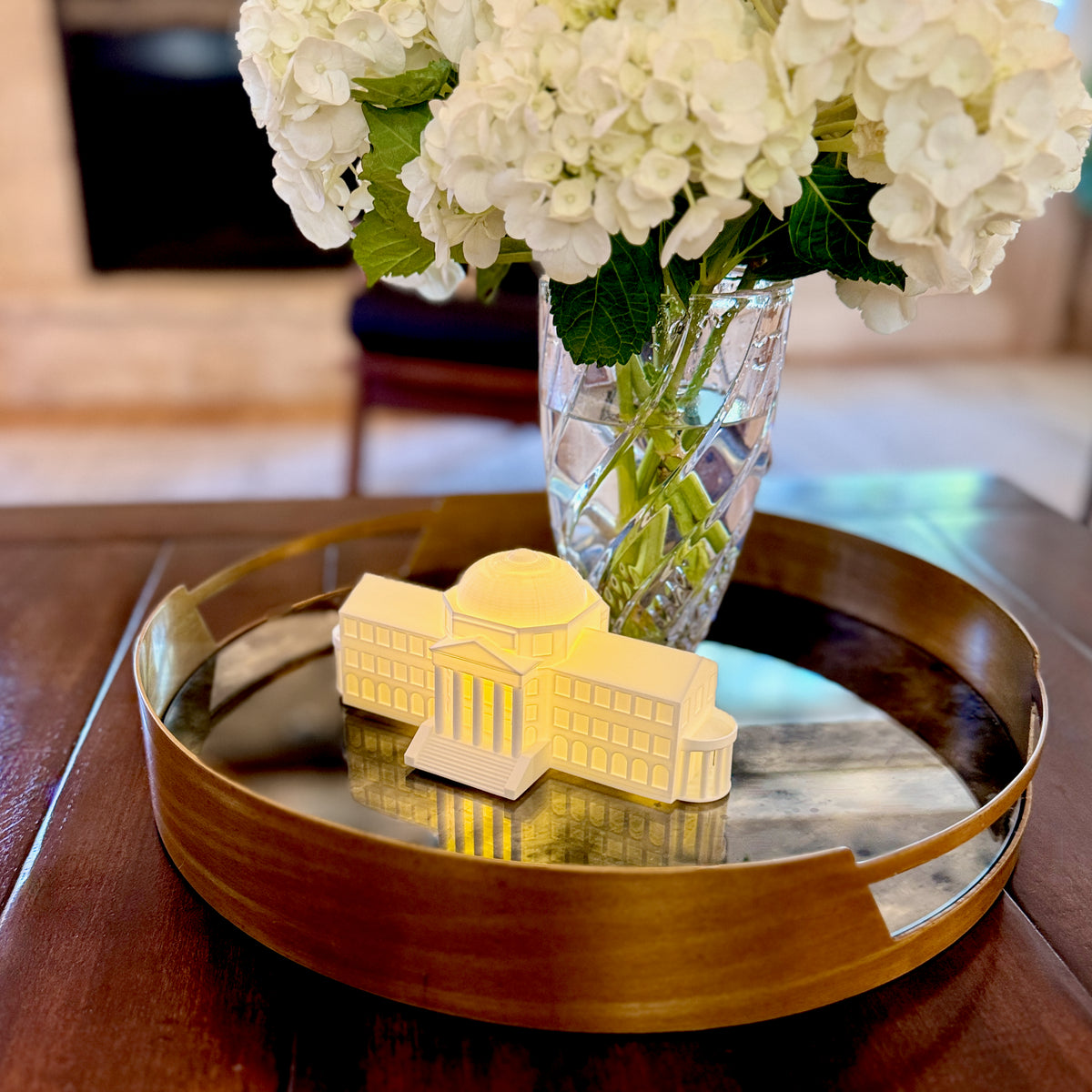 Detailed 3D printed model of SMU Dallas Hall with LED lighting, architectural collectible and college decor piece.