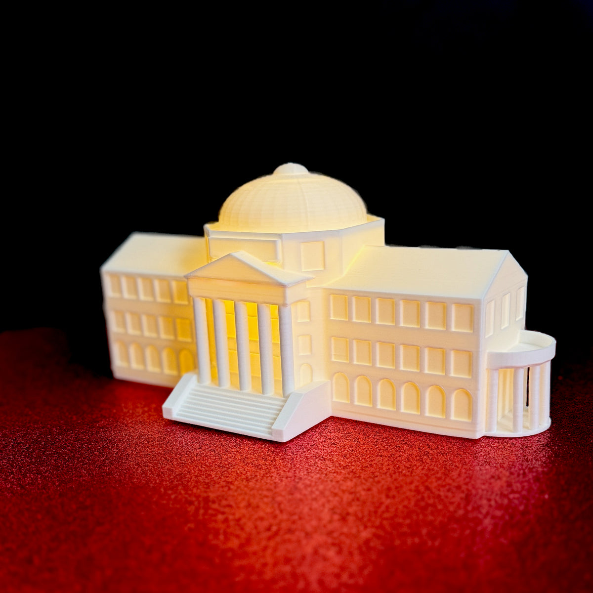 3D printed lighted SMU Dallas Hall figurine, elegant collegiate holiday decor and alumni home accent.
