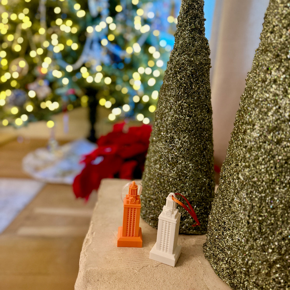 UT Austin ornaments shown in a home decorated for Christmas.
