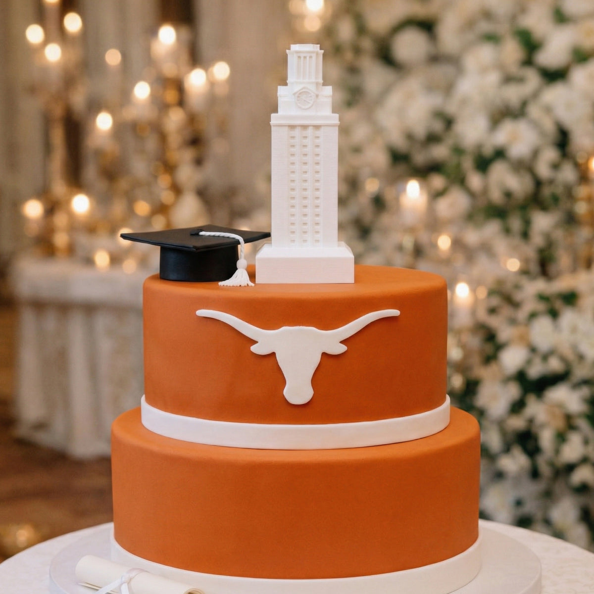The UT Tower cake topper in white, show on a burn orange graduation cake for a Texas Longhorn.