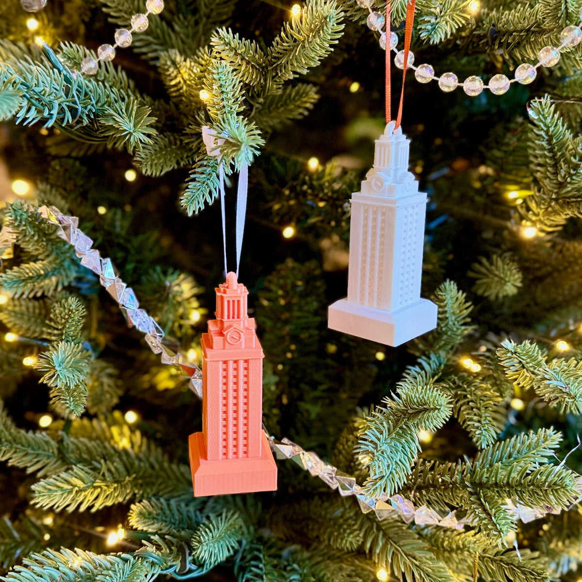 UT Tower ornaments shown on a Longhorn tree.