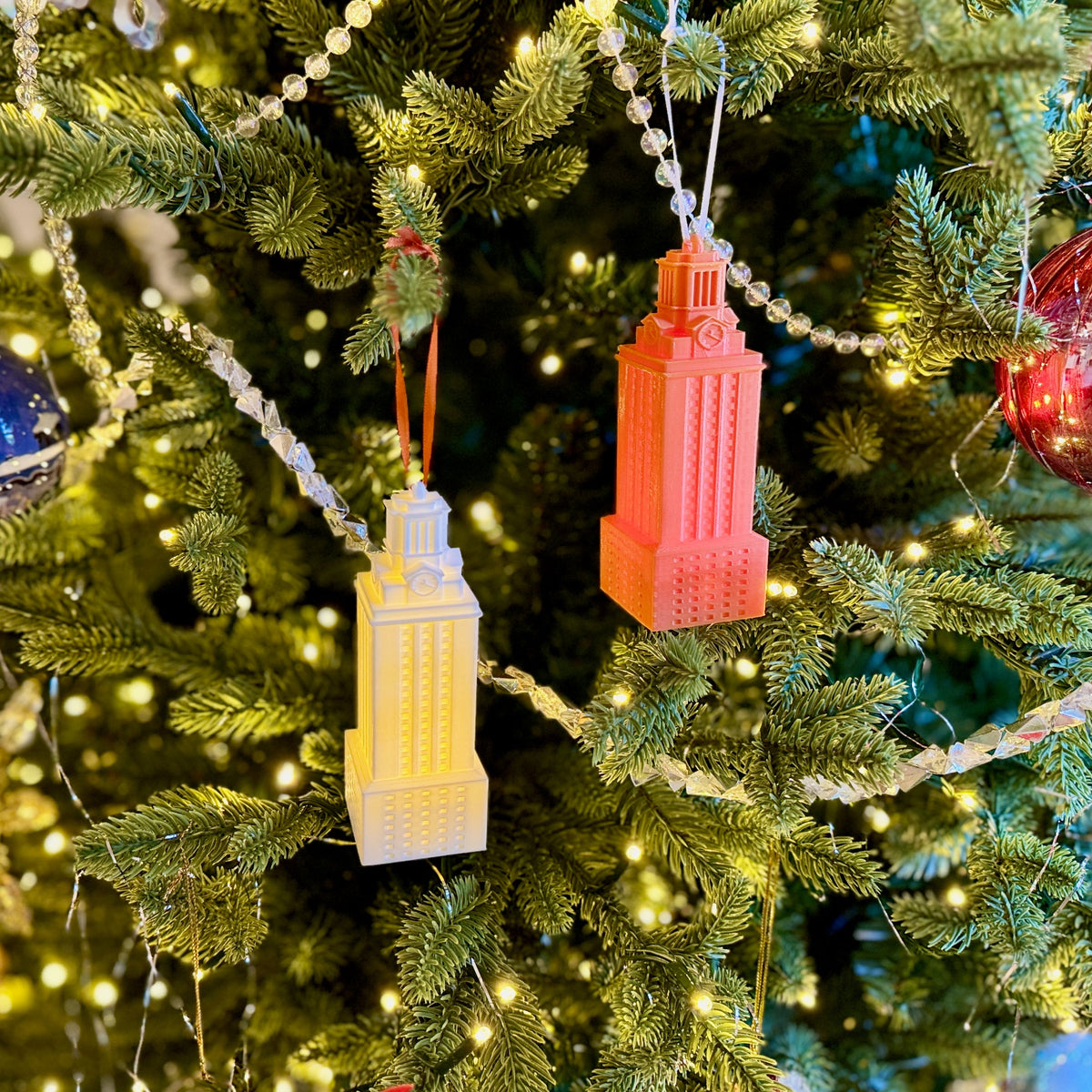 UT Tower ornaments shown on a Christmas.