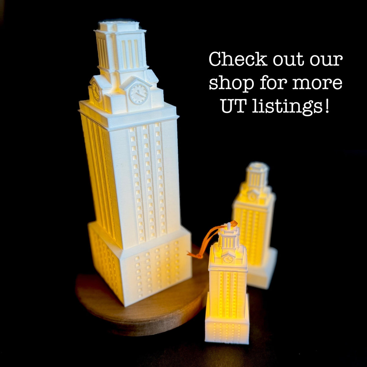The UT Tower decorations, shown in various sizes and used as a UT Tower gift or Texas Longhorns decor.