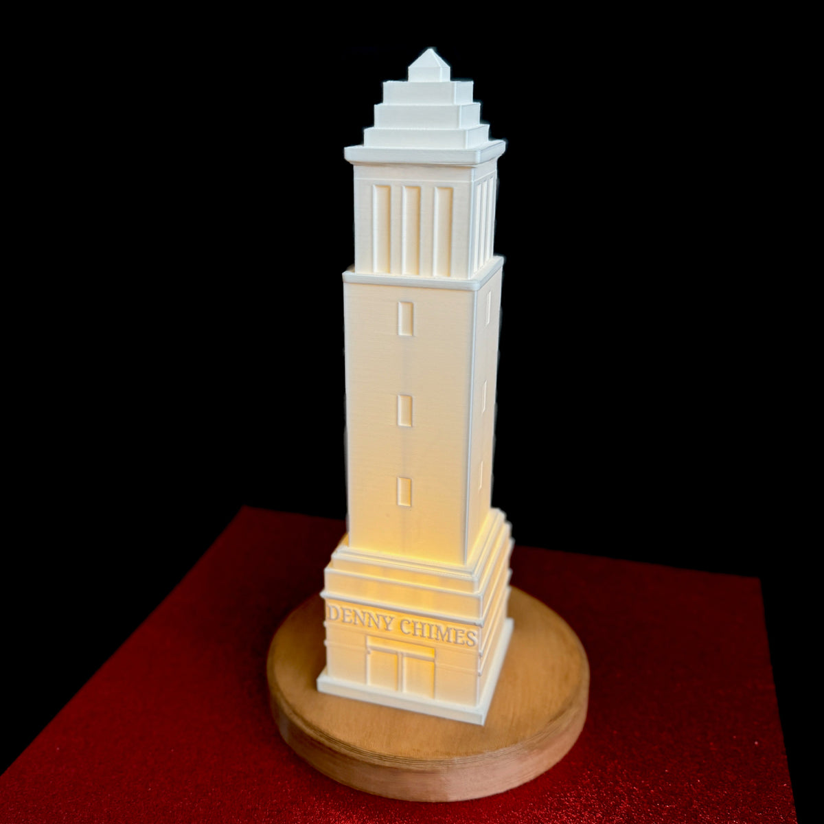 Side view of the University of Alabama desk lamp featuring the Denny Chimes Tower.