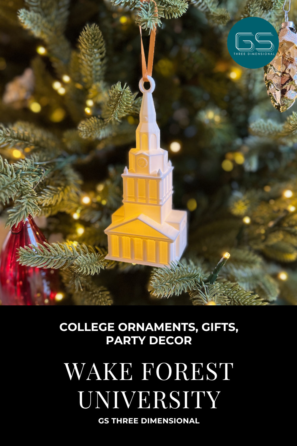 Wake Forest University ornament on a Christmas tree with 'GS Three Dimensional' branding.
