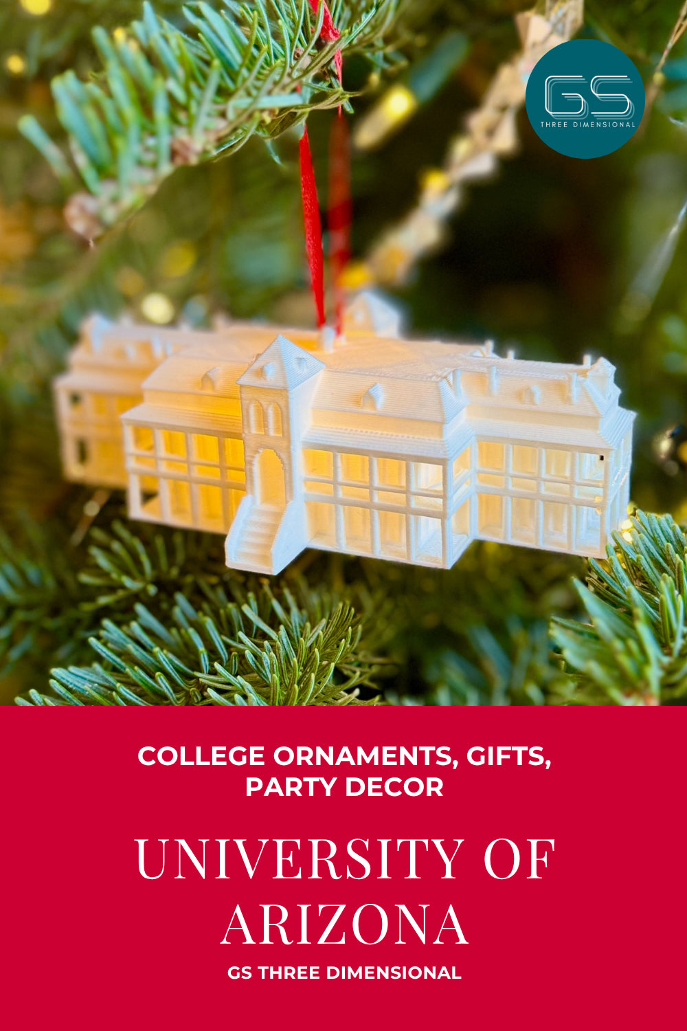 University of Arizona ornament of Old Main on a Christmas tree with 'GS Three Dimensional' branding.