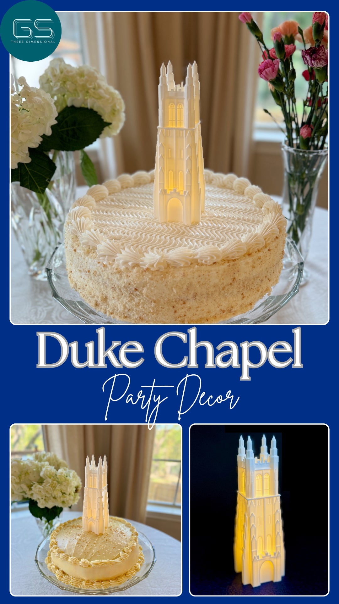 Duke party decor, designed around the Chapel building on campus.