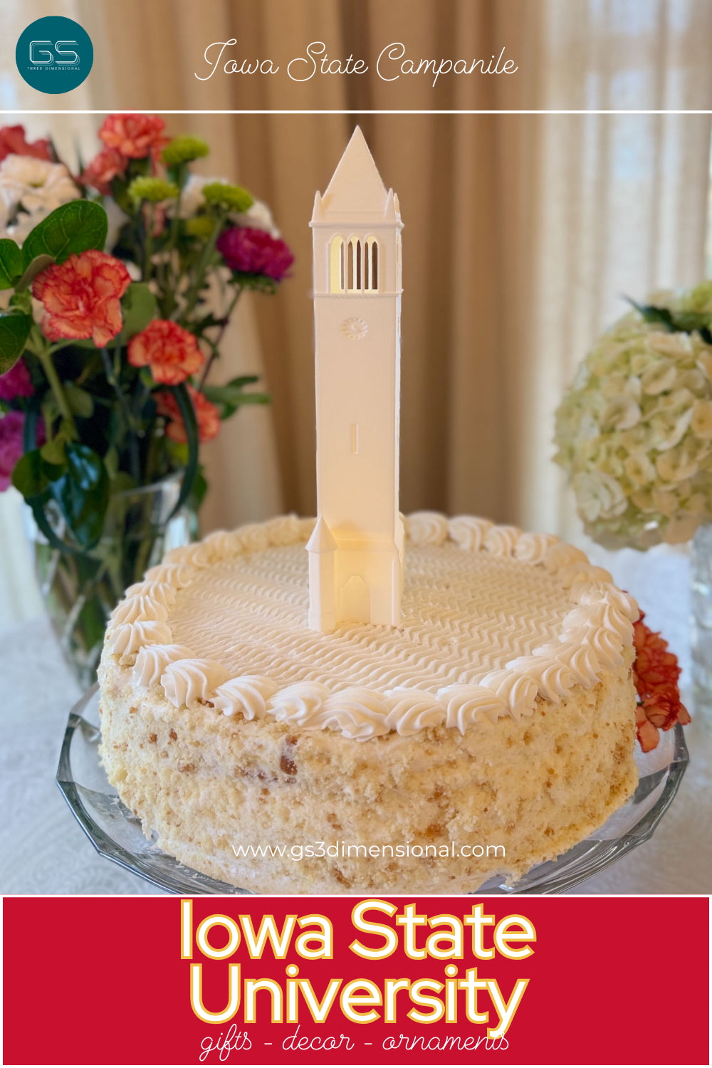 Iowa State University cake topper light designed as the Campanile building and shown on a cake that could be for a graduation party or a groom's cake.