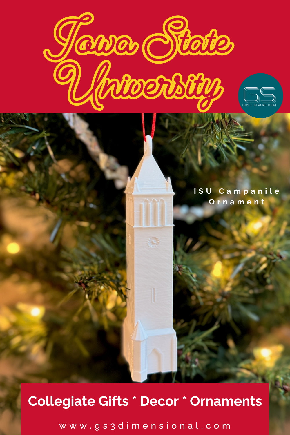 Iowa State University ornament on a Christmas tree with promotional text.