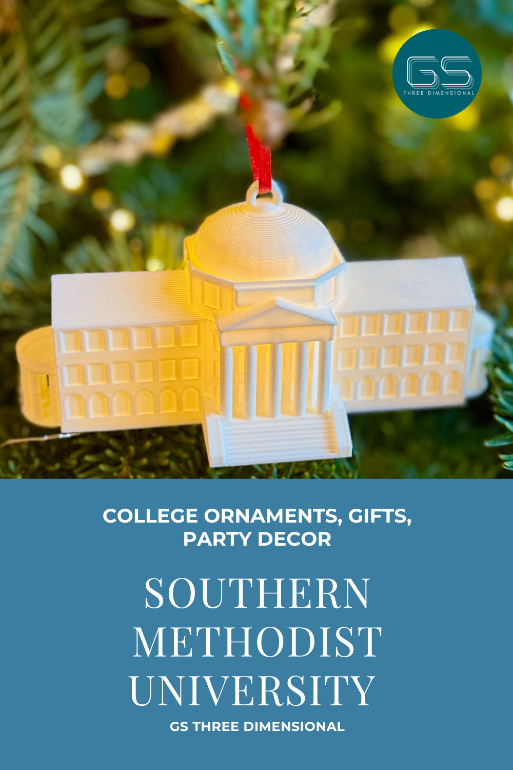 Decorative ornament of the Southern Methodist University Dallas Hall building on a tree with 'GS Three Dimensional' branding.