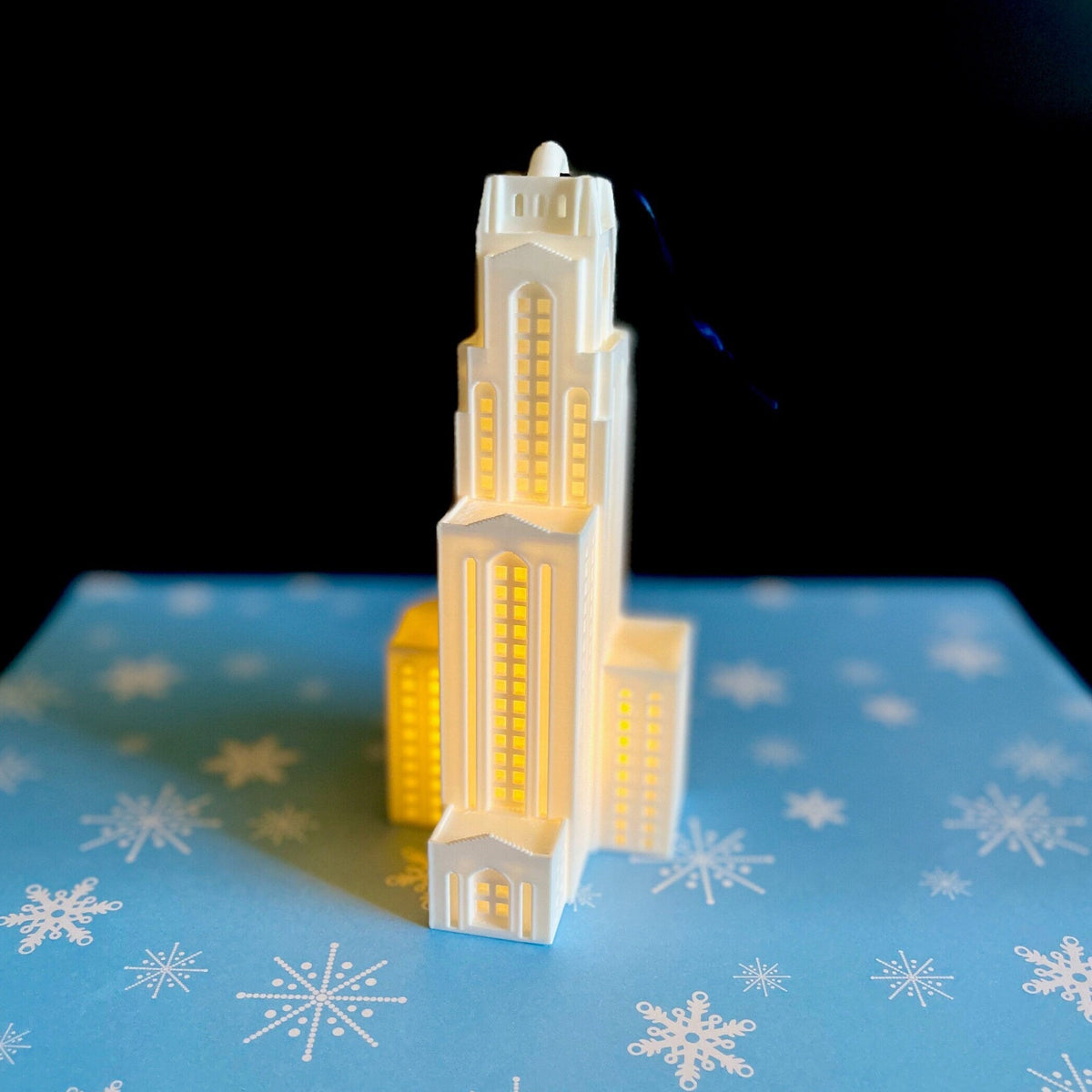 The Pitt ornament, designed as a replica of the Pitt campus building (the Cathedral of Learning).