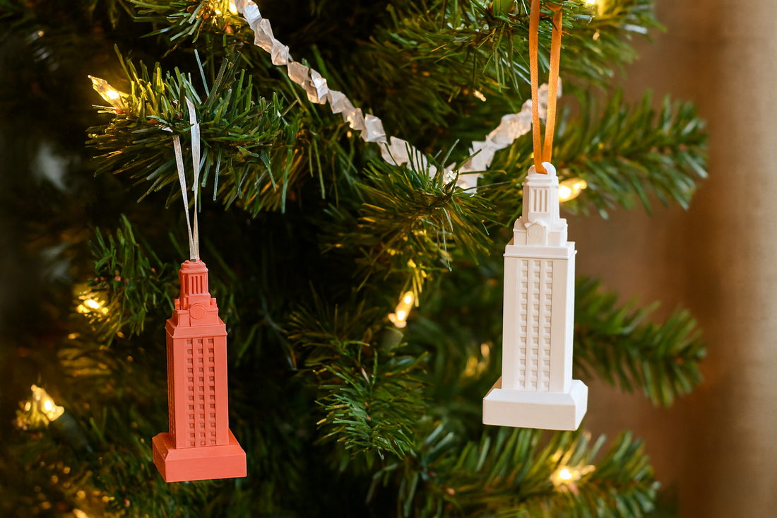 UT Tower ornaments shown on a University of Texas Longhorns tree.
