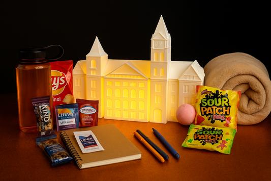 College care package for finals week with self-care and motivational items.