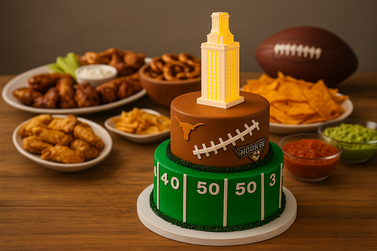 University of Texas football-themed groom’s cake with a glowing UT Tower topper, styled on a wooden table surrounded by classic game day foods including chicken wings, pretzels, nachos, chips, salsa, and guacamole.