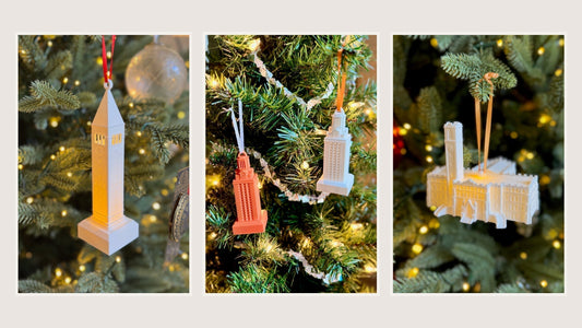Collection of collegiate ornaments featuring iconic campus landmarks, displayed as decor ideas in a blog post about year-round decorating tips.