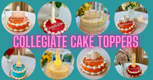 College cake toppers, shown on various university graduation cakes, groom's cakes, and birthday cakes