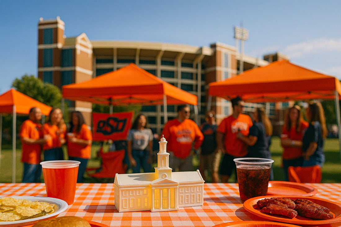 Oklahoma State University tailgate party setup with food, drinks, and fans in orange gear, featuring a glowing LED figurine of the Edmon Low Library as the centerpiece.