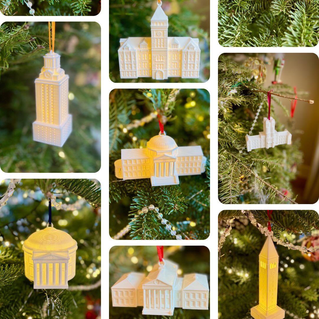 Set of handcrafted 3D printed university ornaments with LED lights, including designs from Auburn, Michigan State, LSU, and more — perfect gifts for alumni and students.