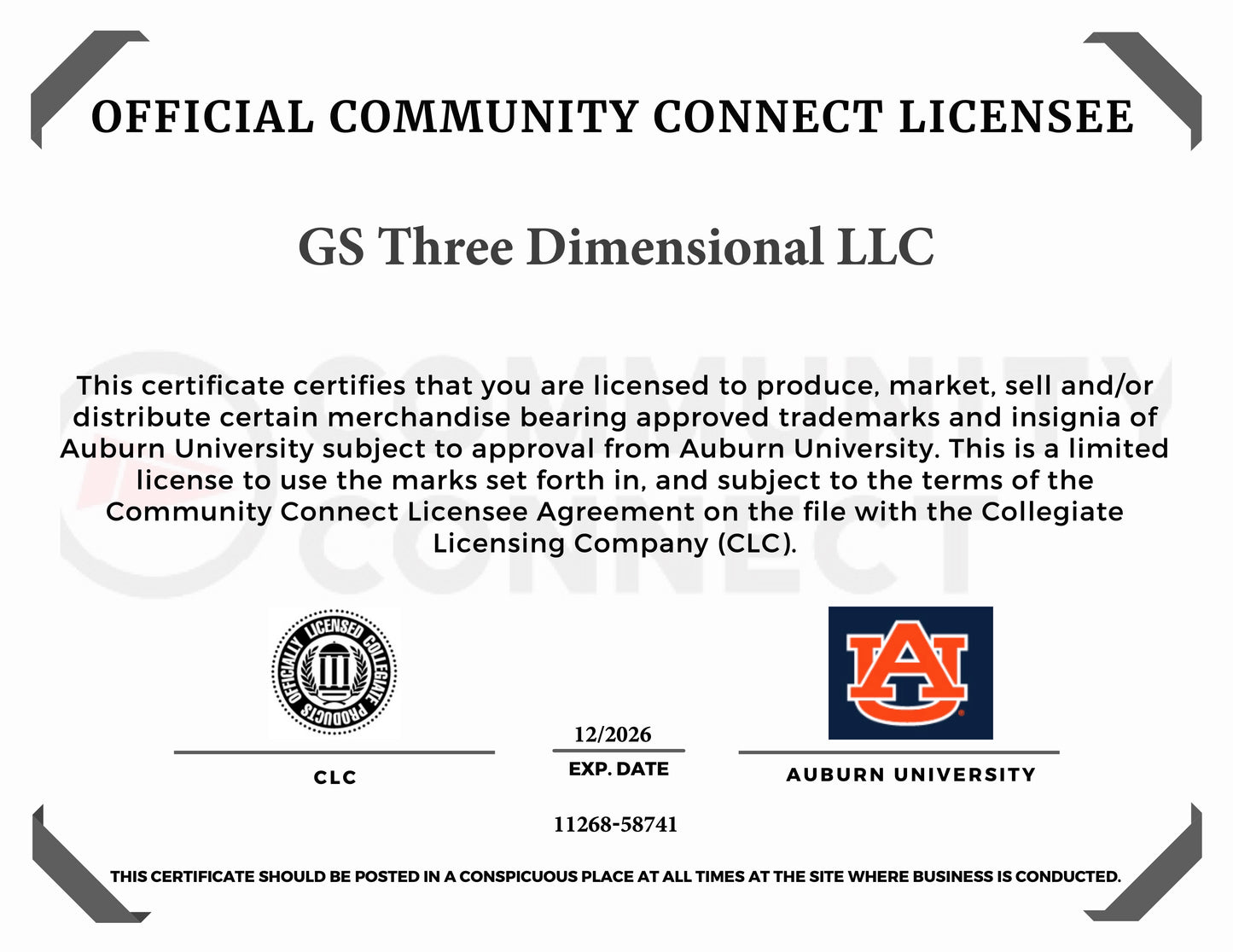 Official Community Connect Licensee certificate for GS Three Dimensional LLC, featuring Auburn University branding and logos on a white background.