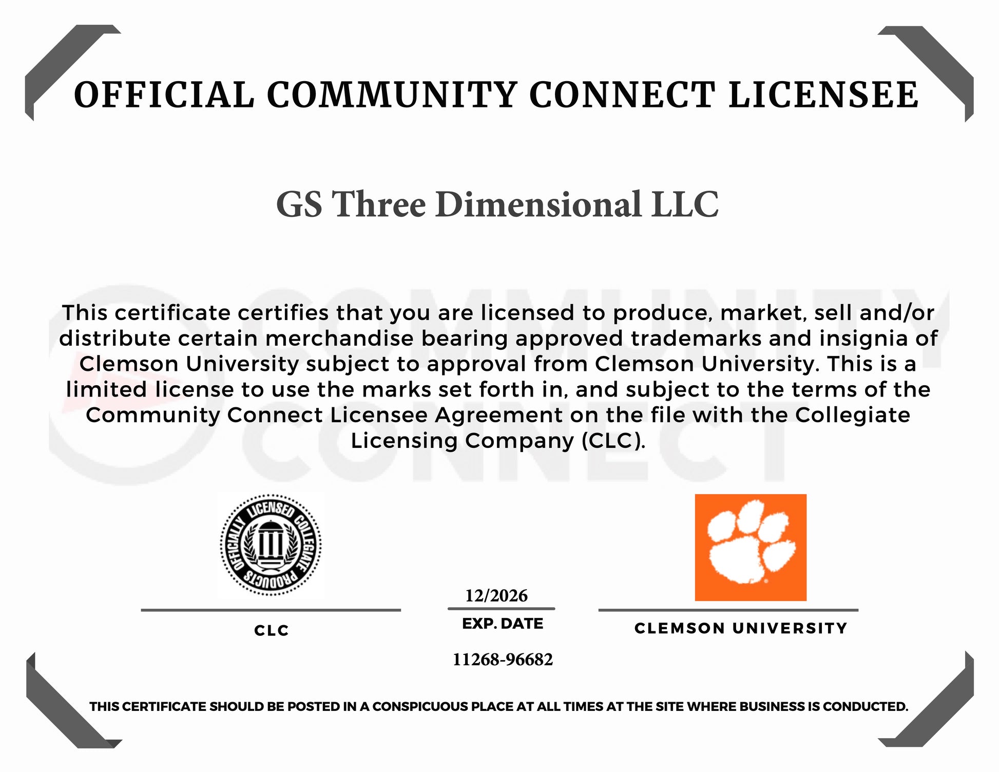 An official Community Connect Licensee certificate template for Clemson University, featuring the Clemson Tigers paw print logo and licensing details for GS Three Dimensional LLC.