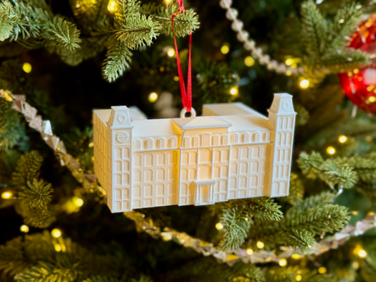 Arkansas Razorbacks ornament designed as the Old Main building on campus.