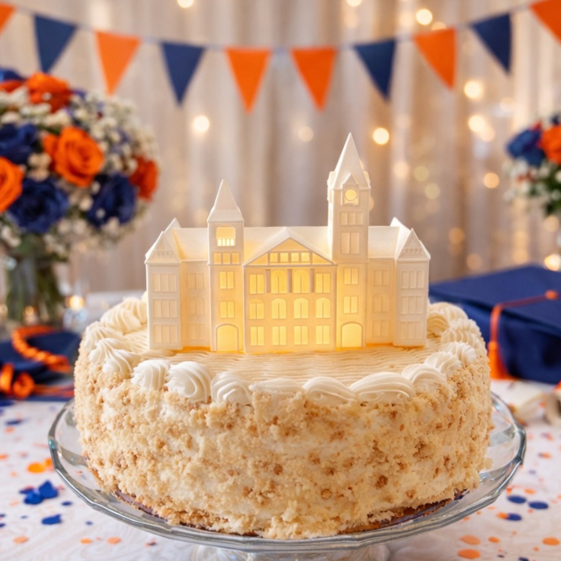 The Auburn cake topper light, shown in a background of school colors at a graduation party.