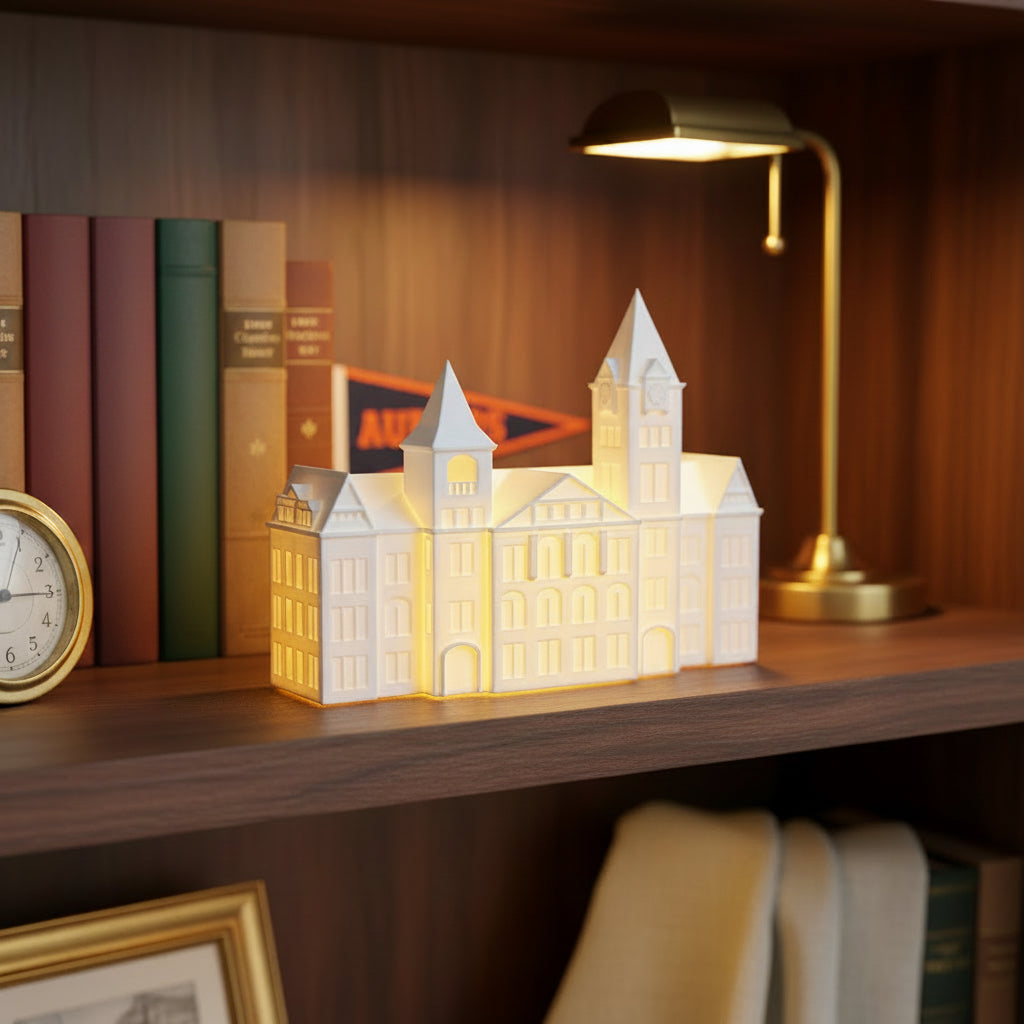 The lighed Samford Hall figurine, used as a gift for Auburn University alumni.