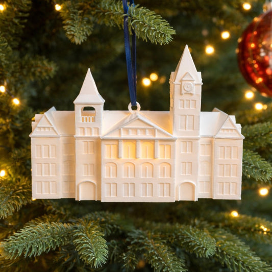 The Auburn Samford Hall ornament, shown on the tree of a Tigers fan.