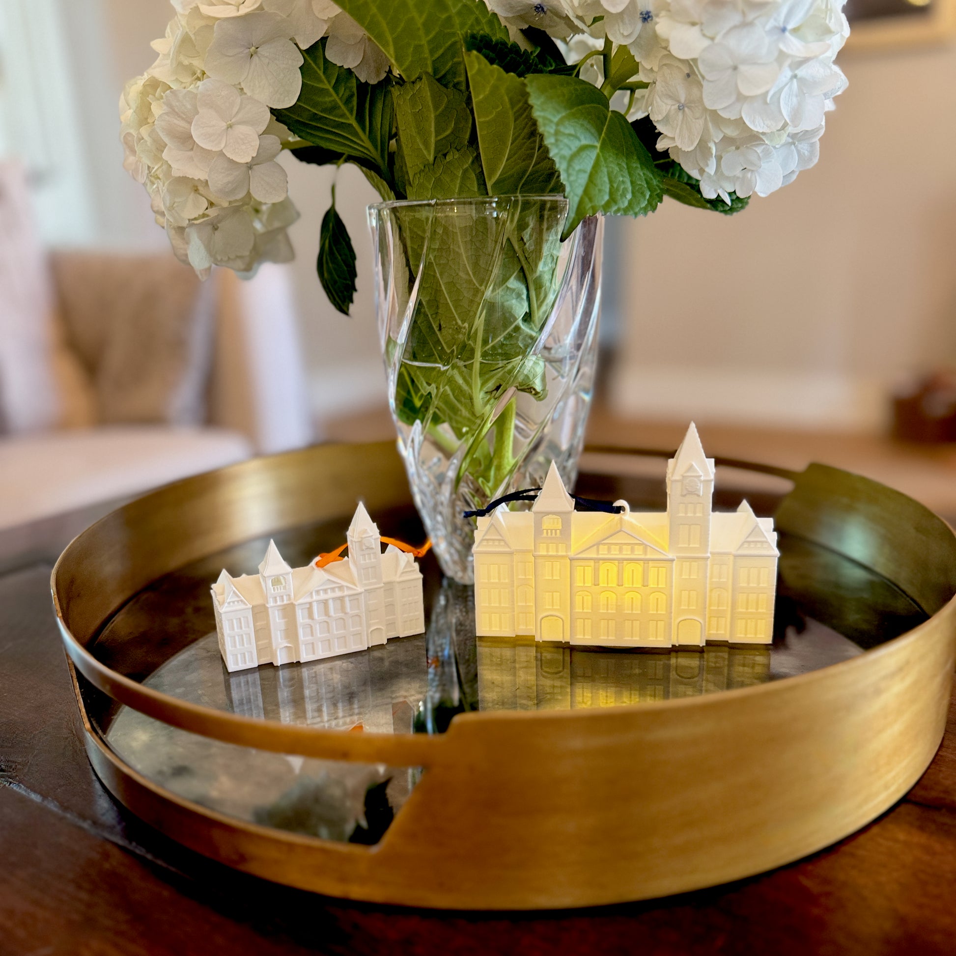 Close-up of detailed Samford Hall architectural features on a 3D printed Auburn ornament