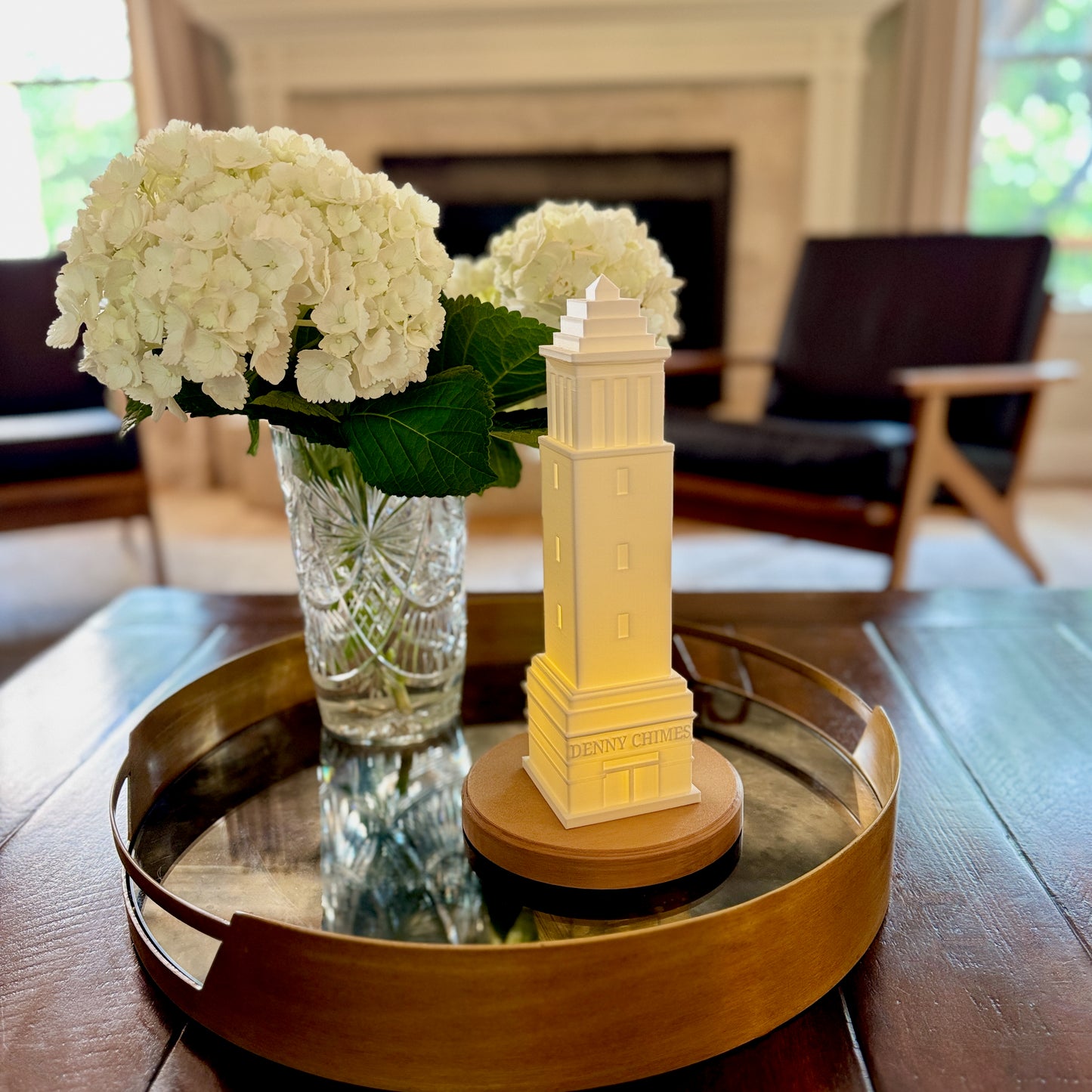 The University of Alabama lamp featuring the Denny Chimes tower, used as a home decor item and perfect as an alumni gift!