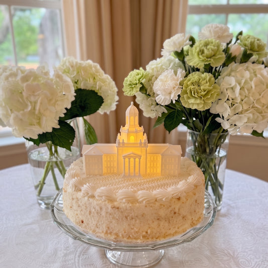 Baylor University graduation dessert table featuring a glowing Pat Neff Hall 3D printed centerpiece surrounded by green and gold decor.