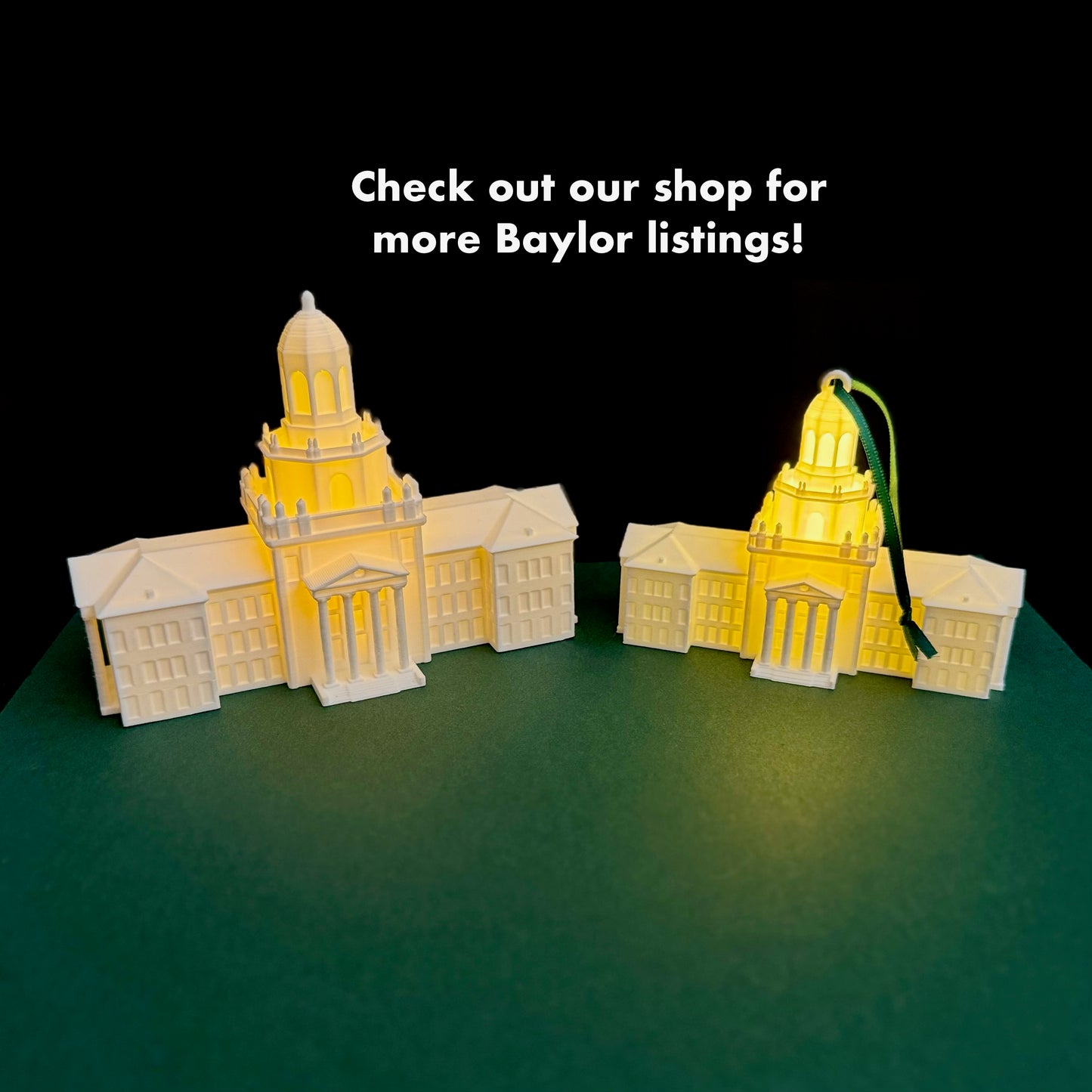 Photo of the Baylor Pat Neff Hall figurine, shown next to the Pat Neff ornament.