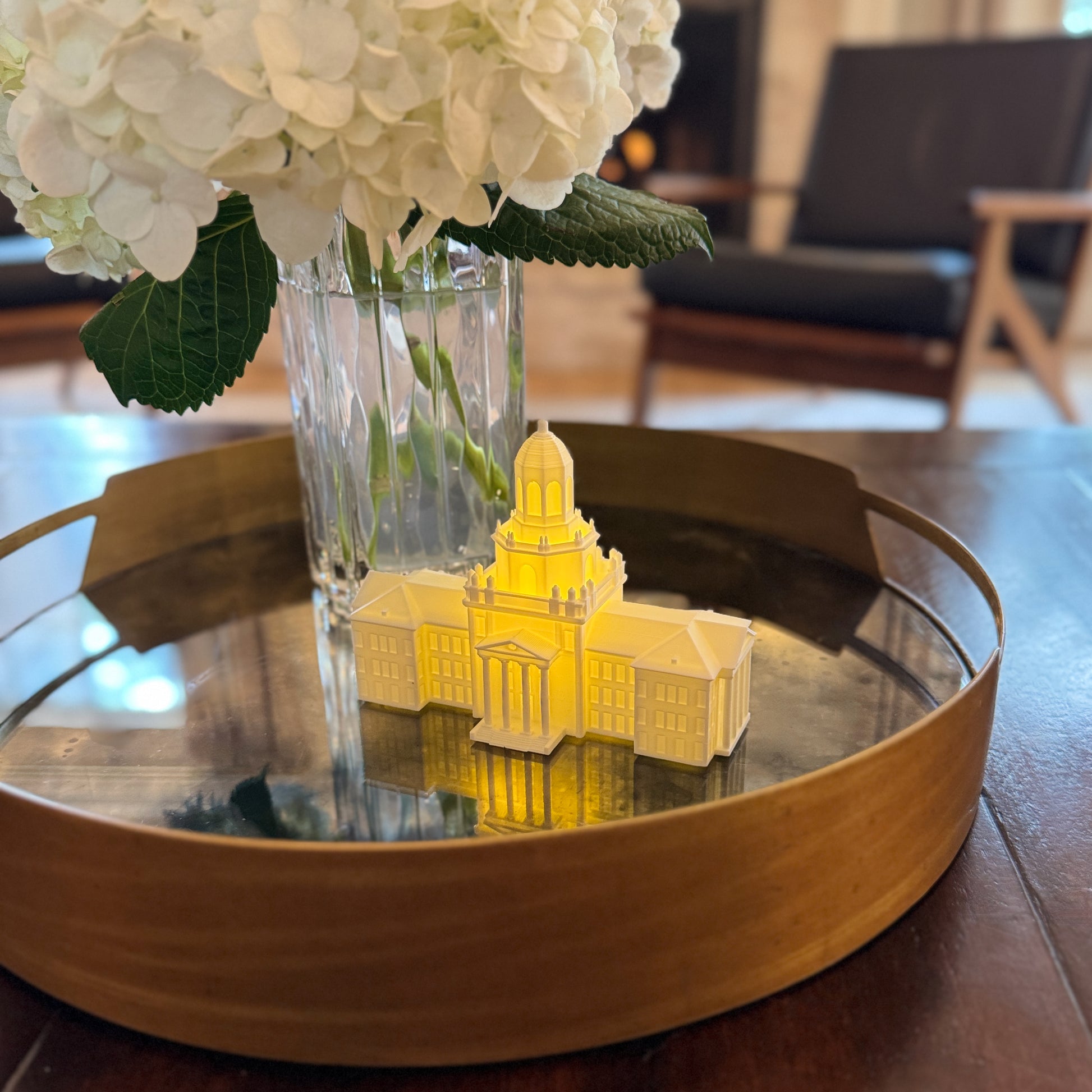 Baylor University dorm care package featuring a lighted Pat Neff Hall 3D printed figurine and green school accessories.
