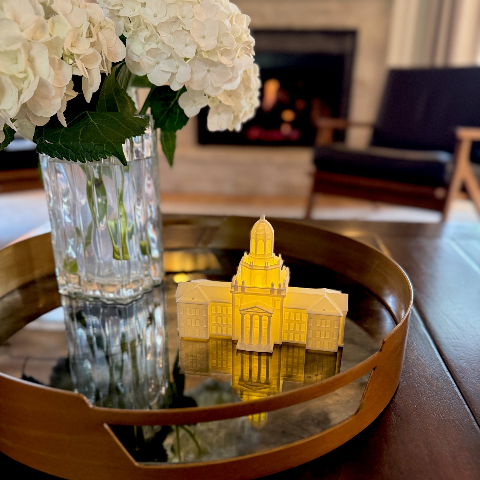 Illuminated Baylor University Pat Neff Hall 3D printed model glowing in the dark as a college dorm room nightlight.