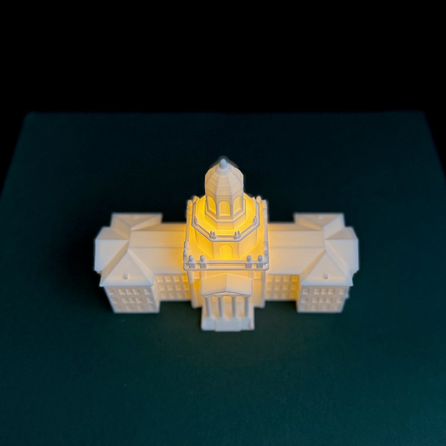 Top view of a 5.6-inch wide lighted Pat Neff Hall 3D printed keepsake showing the intricate Baylor architecture.