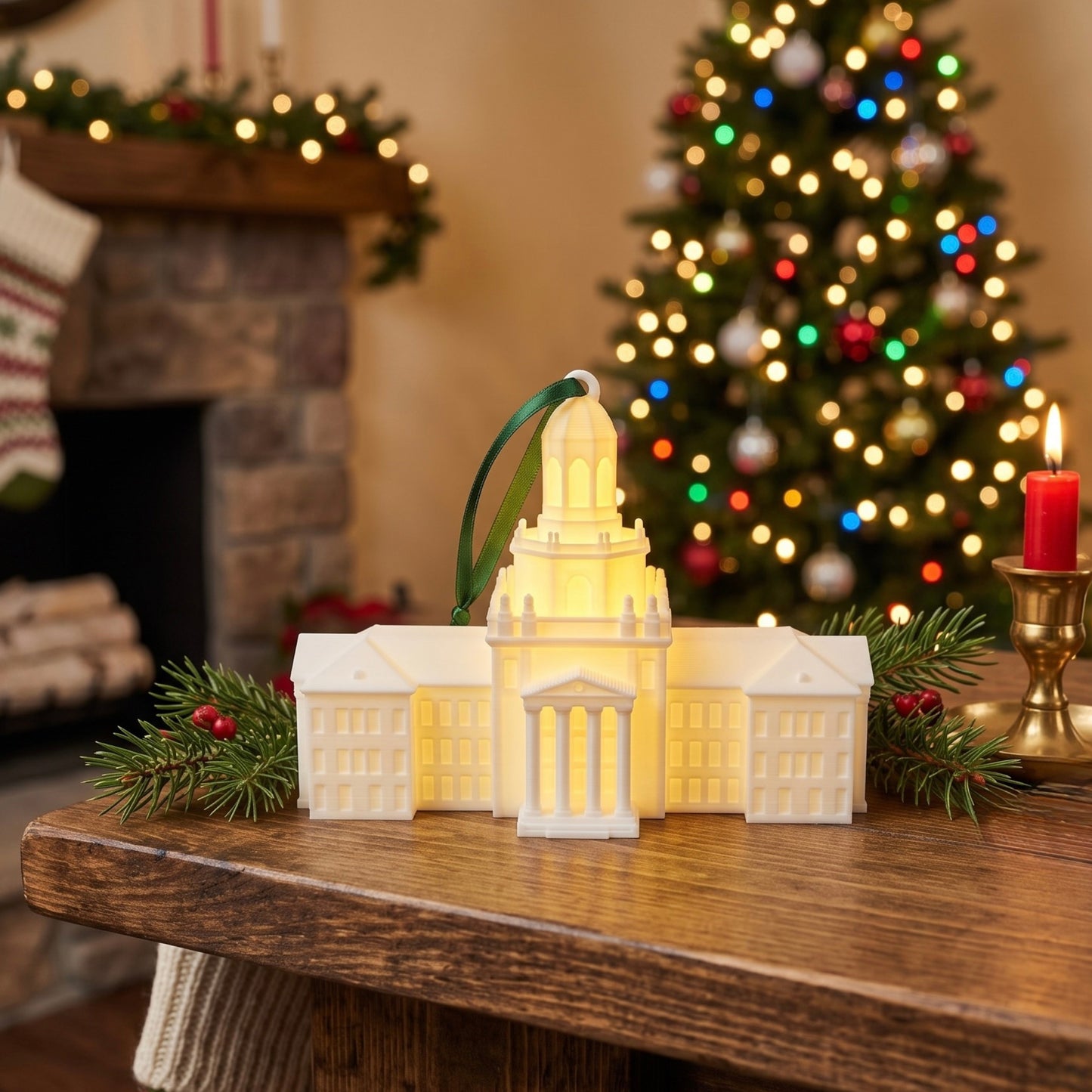 A lighted Pat Neff Hall architectural keepsake sitting on a wooden desk next to holiday decor and books.