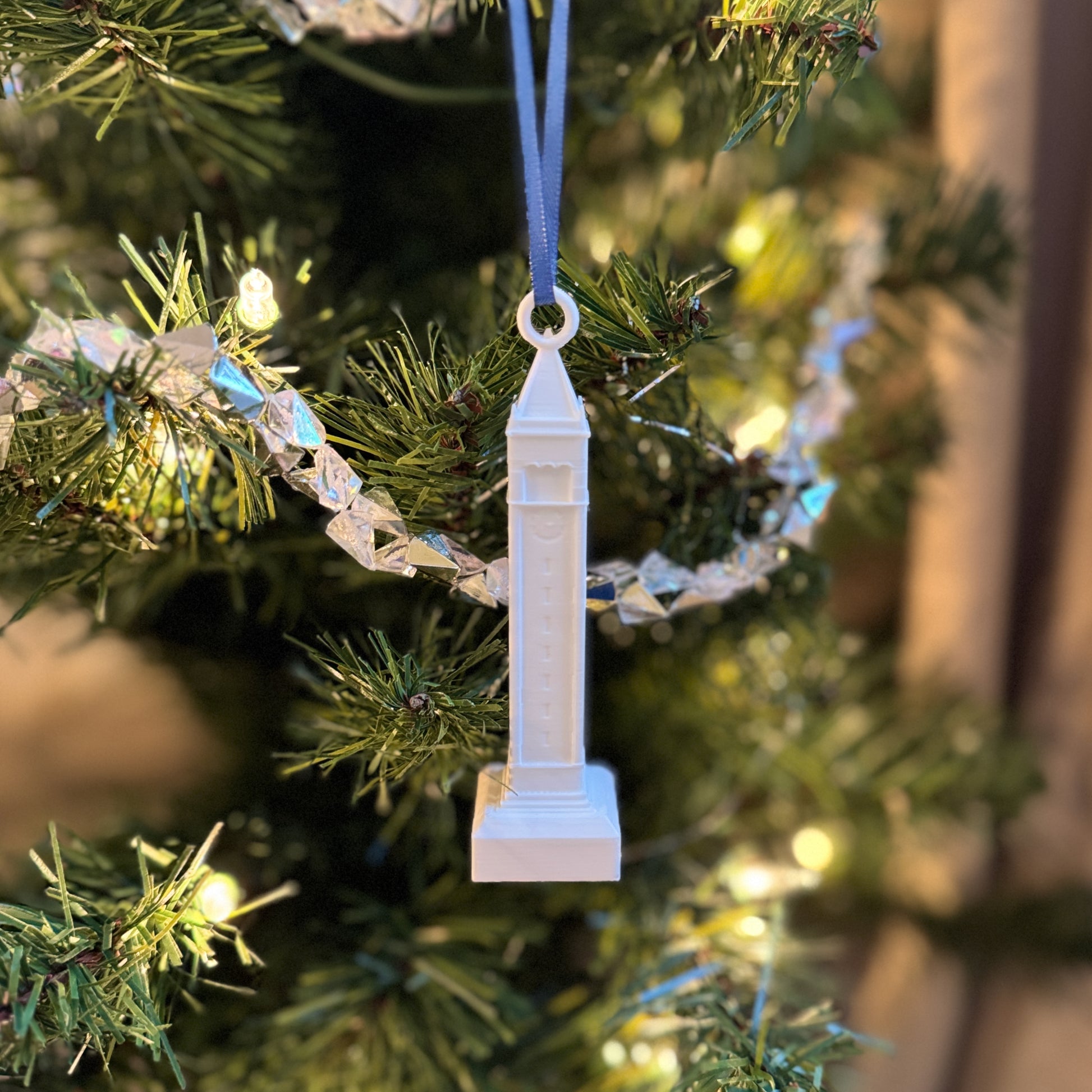 The Berkeley ornament, shown on a Christmas tree.