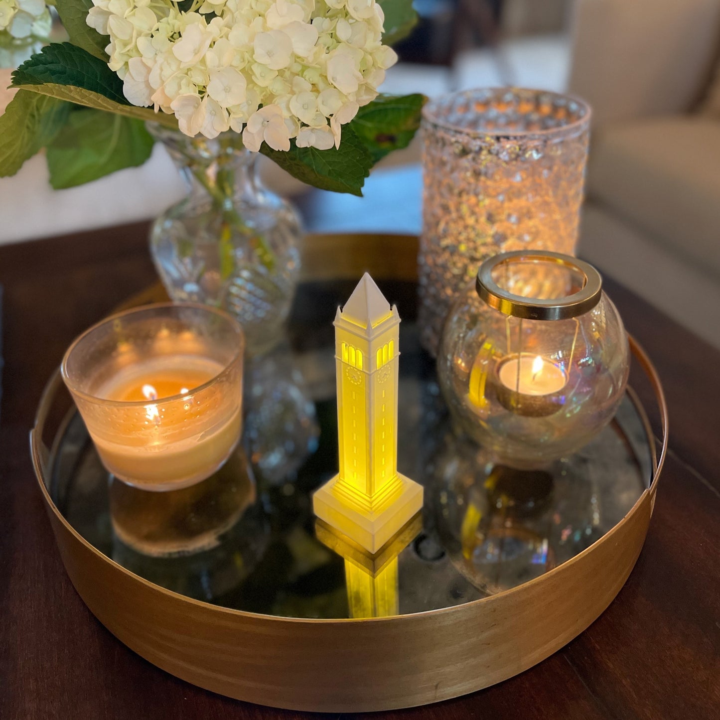 The Sather Tower light, a figurine of the Berkeley campus, used as dorm decor.
