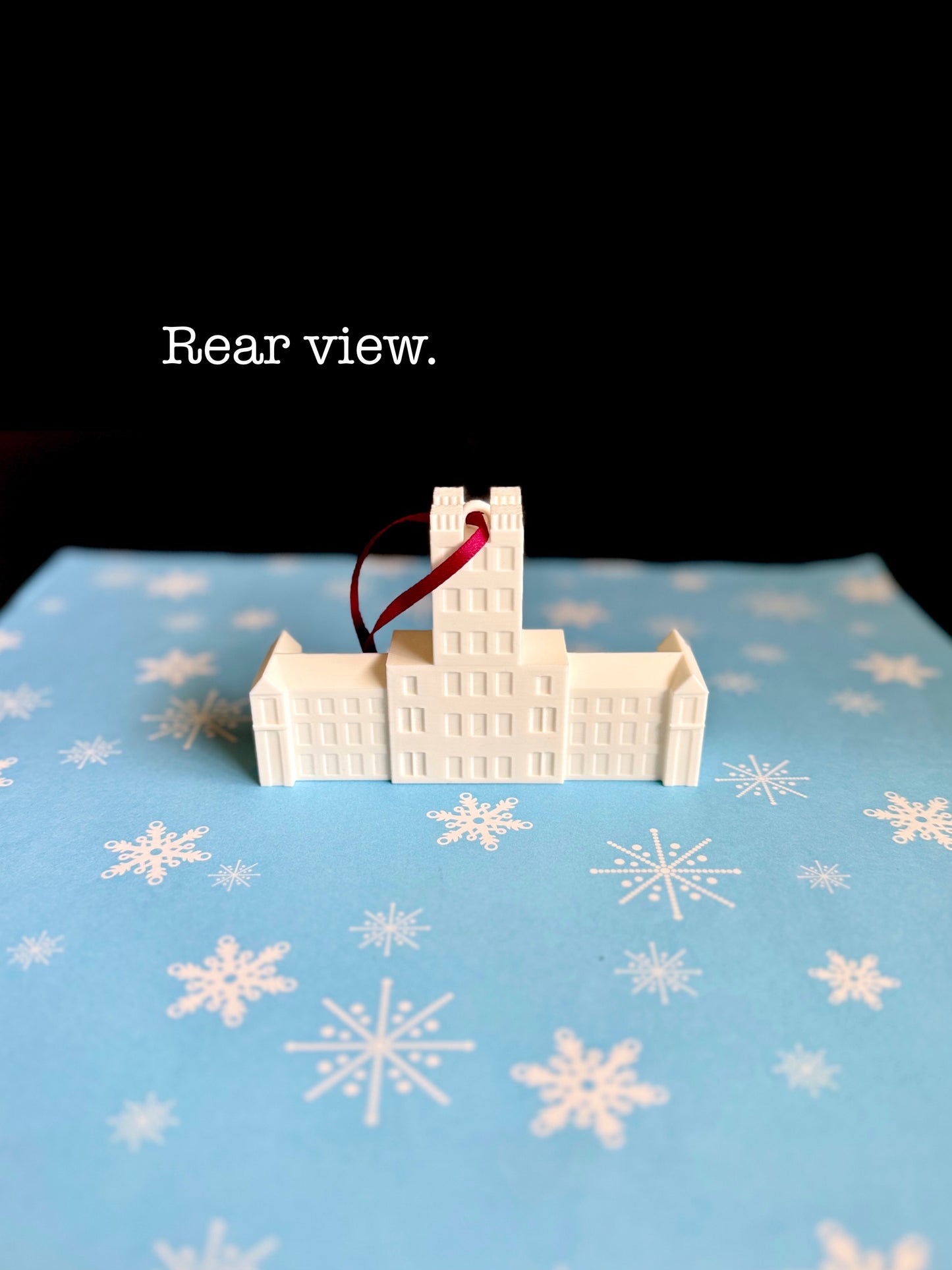 The Burruss Hall ornament shown from a rear view.