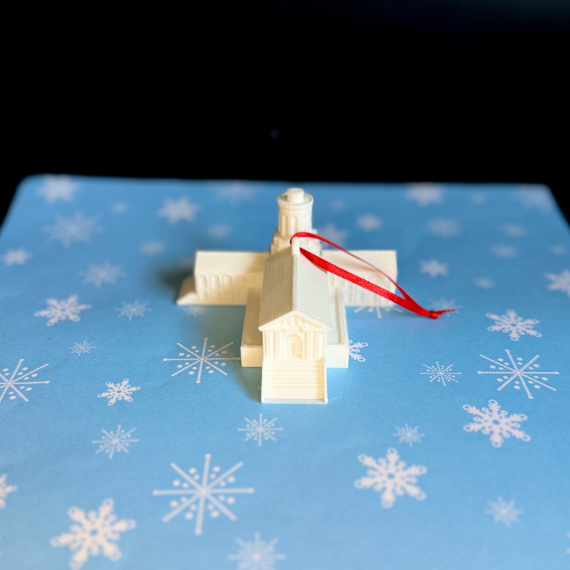 Rear view of the Carnegie Mellon ornament, designed after a campus building.