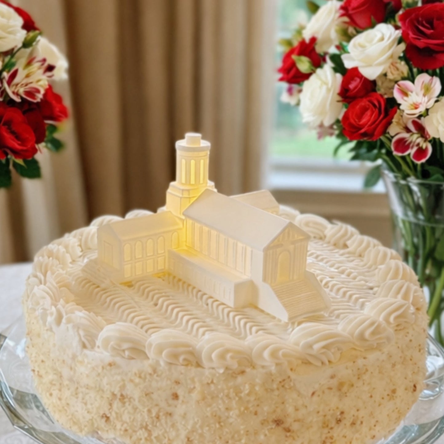 A Carnegie Mellon cake topper featuring the Hamerschlag Hall building and shown on a groom's cake or a graduation cake.