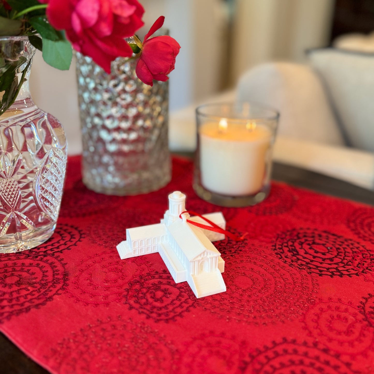 Carnegie Mellon Ornament shown in a home decorated for the Holidays.